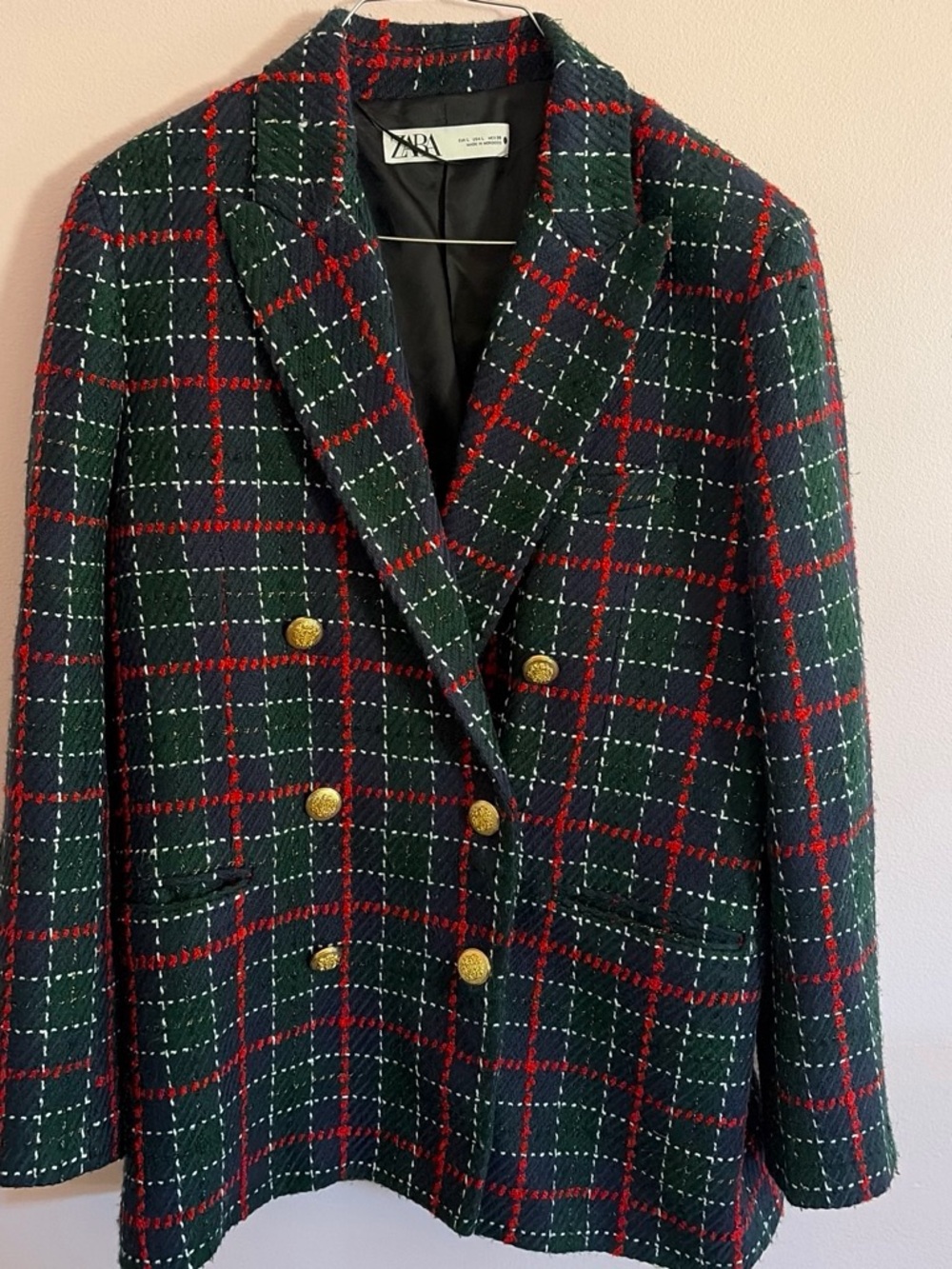 Zara Dark Green Plaid Double-Breasted Blazer